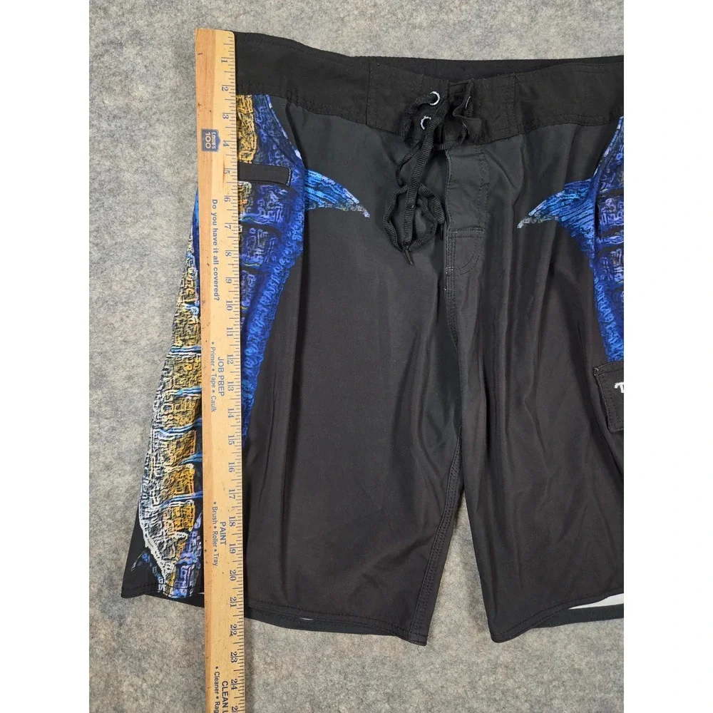Tormenter Mens Marlin Graphic Board Shorts Black Blue Yellow Size 36 Swim Trunks